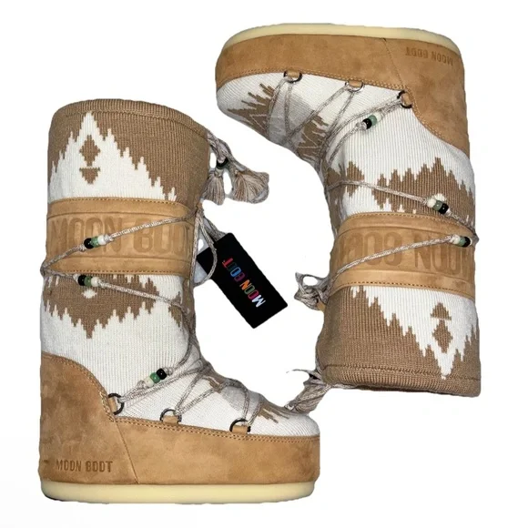 ALANUI X MOON BOOT Icon boots knit tan cream EU 38 US 7-8 sweater boho bead NEW - Picture 4 of 16